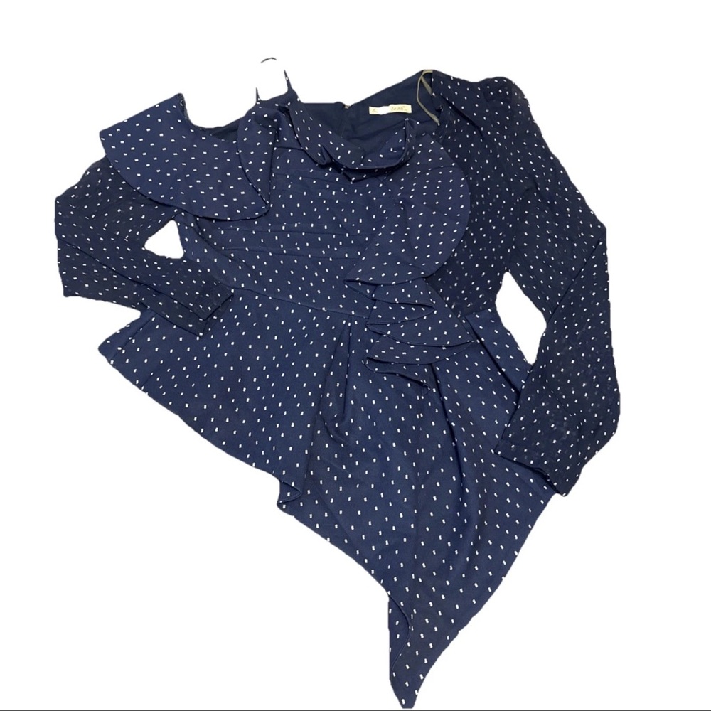 La Pateau Women’s Long Sleeve Navy Polka Dot asymmetric back zip up Blouse sz 6